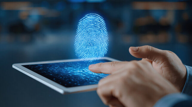 Fingerprint security biometric authentication on tablet with holographic print floating above screen, blue digital access scan feeling secure