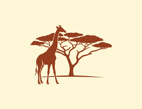 Giraffe and acacia tree silhouette on beige background