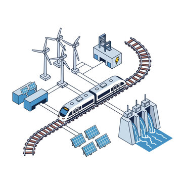 Electric train on rail tracks moving.