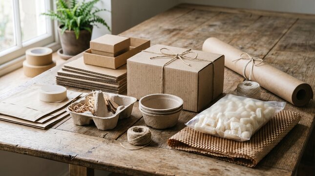 Ecofriendly packaging materials and supplies on a rustic wooden table