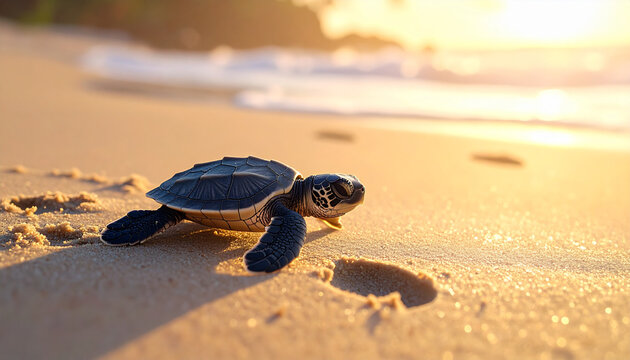 B&eacute;b&eacute; tortue rampant sur la plage de sable