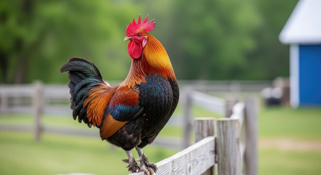 Vibrant rooster crowing on a farm fence in rural setting