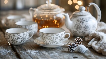 Fototapeta premium Snowy Teacups and Teapot on Rustic Wooden Table with Pinecones