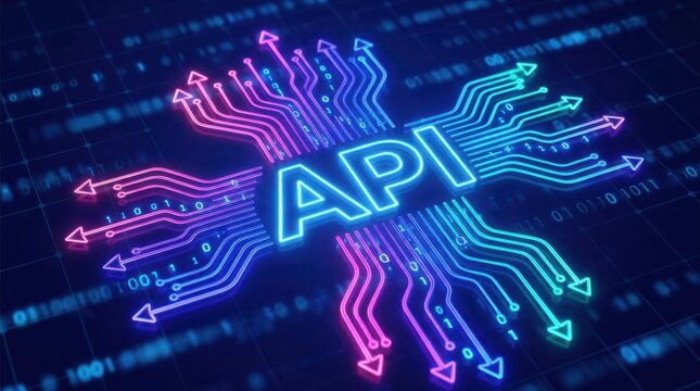 Digital API interface with glowing connection lines and binary code representing system integration.
