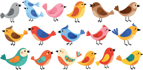 Fototapeta premium Colorful Bird Collection with Various Species in Playful Poses for Nature, Wildlife, and Children's Design Projects