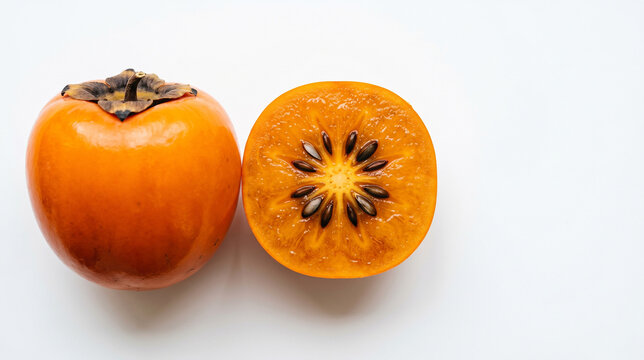 Whole and halved fresh orange persimmon on white background with copy space. Ripe kaki fruit showing beautiful star-shaped seed pattern. High quality studio flat lay photography