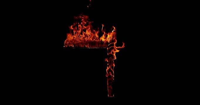 Shot of a burning wooden beam in L shape isolated on a black background. Detailed fire textures ideal for VFX, compositing, overlays, motion graphics, and cinematic effects.
