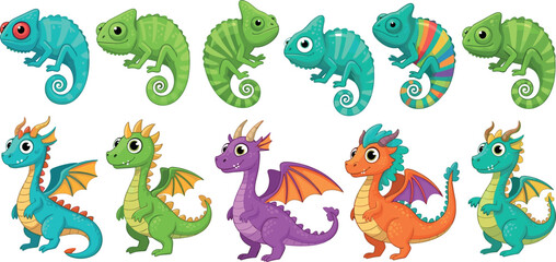 Naklejka premium Colorful Chameleon and Dragon Illustration Set with Vibrant Creatures in Various Poses for Kids' Artwork, Cartoon, and Fantasy Design Projects