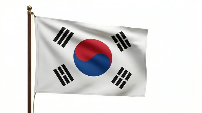 The iconic South Korean national flag, the Taegeukgi, displaying its vibrant colors and dynamic design, proudly waving on a flagpole against a clean white studio background