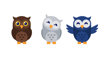 Obraz premium Cute Owls Characters Set Vector Illustration, Wise Birds in Different Poses and Colors, Forest Animals Mascot Design Icons Isolated on White
