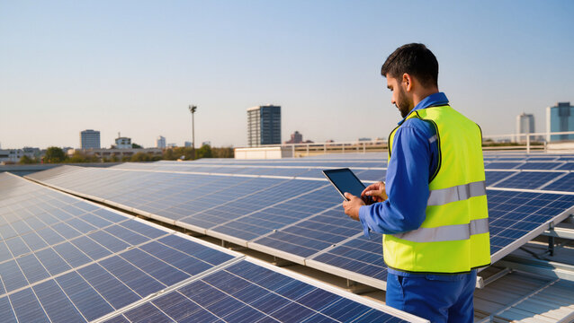 Technician inspects rooftop solar array.
​Man uses tablet near panels.
​Clean energy production in city.
​Professional monitoring solar power system.
​Solar panels under clear sky.
