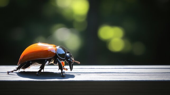 Profile view of a large June bug resting on wooden surface