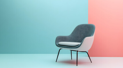 Obraz premium Modern chair with sleek design sits on clean pastel background, featuring blend of blue and pink tones, creating minimalist and stylish atmosphere