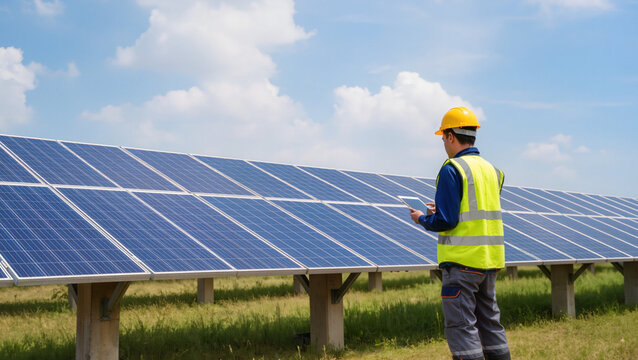 solar panel installation,
Technician monitors large solar farm.
Engineer uses tablet for data.
High-visibility safety vest and hardhat.
Renewable energy field under clouds.
Professional worker
