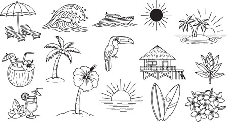 Set of tropical island vacation icons including beach chairs, ocean waves, palm trees, coconut drinks, and hibiscus flowers © Rekon