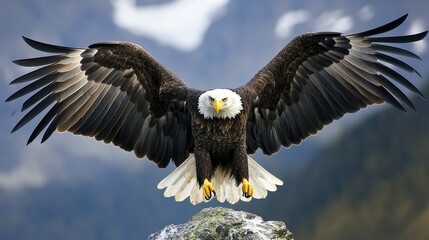 Fototapeta premium Majestic bald eagle with wings open ready to soar