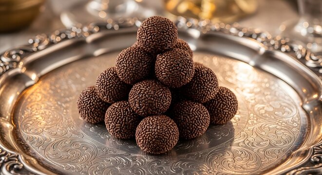 Chocolate Brigadeiro Pyramid on Ornate Silver Tray