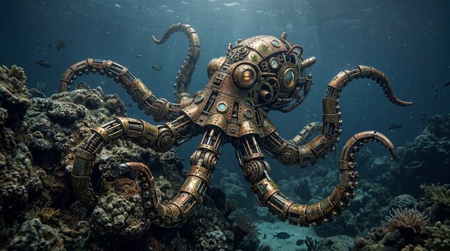 Steampunk Octopus Submerged in Coral Reef, Intricate Mechanical Design