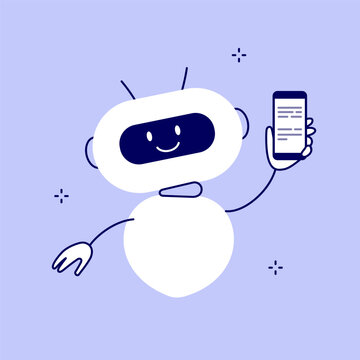 Ai robot holding smartphone in hand and showing generated text on display. Artificial intelligence chatbot concept. Smart virtual assistant, ai chat bot, digital brain, using app vector illustration