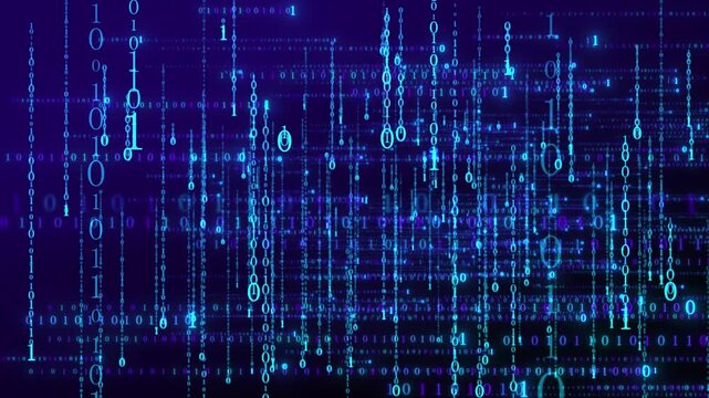 Abstract background with streaming binary code representing digital data flow in cyberspace.