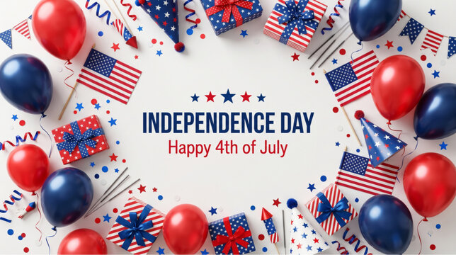 Independence day festive flat lay with balloons flags gifts and party decorations arranged in circular frame creating patriotic celebration mood for banner greeting and social media promotion