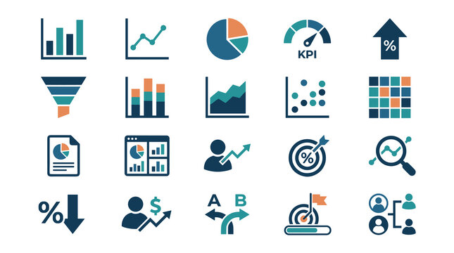 Professional 2D business analytics and KPI icon set with charts, growth metrics and data visualization symbols in modern blue and orange flat style isolated on white background