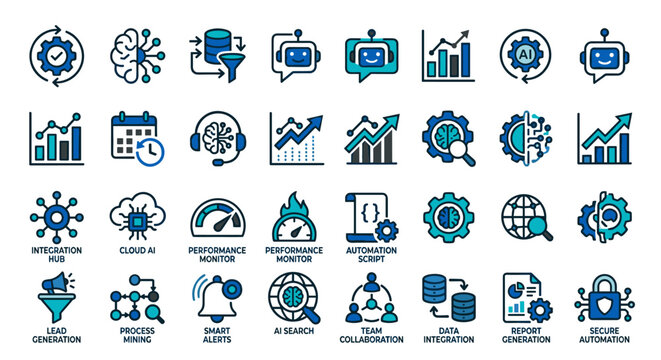 Data engineering and system performance icon set, infrastructure monitoring, processing and optimization symbols in modern flat blue style on white background