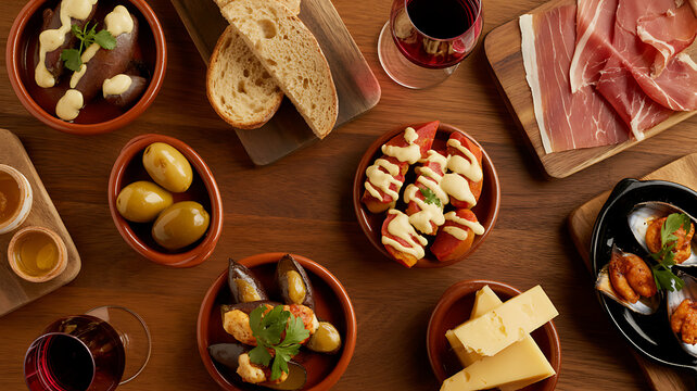 Delicious Spanish Tapas Flat Lay with Assorted Appetizers, Wine, and Cured Ham on a Rustic Wooden Table