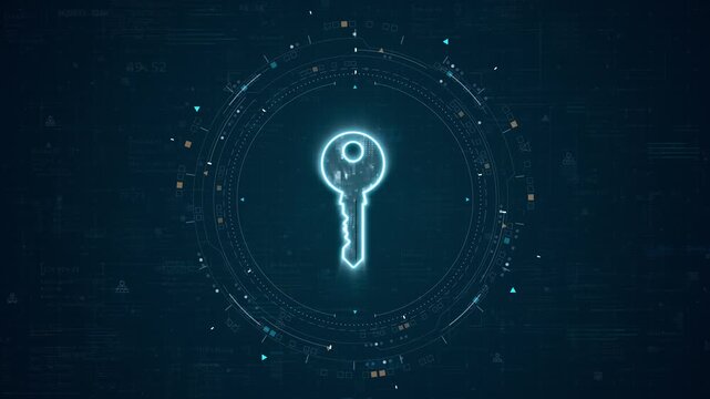 Motion graphic of digital key and access control interface with rotating cybersecurity network elements, designed for data security and technology presentation background.