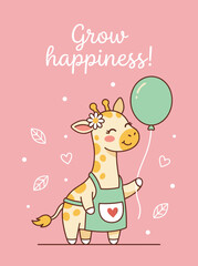 Naklejka premium Cute Giraffe Vector Illustration, Grow Happiness Poster Design, Animal Character with Balloon, Nursery Wall Art, Children Greeting Card on Pink