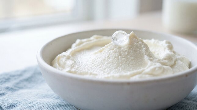 Fresh Icelandic skyr yogurt macro texture in white bowl on blue cloth