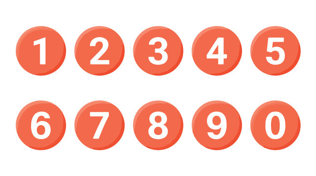 Orange 3D circle number icons set from 0 to 9, numeric round button symbols for web design, app UI, navigation, ranking, counting, sequence and infographic elements, white digits on red sign