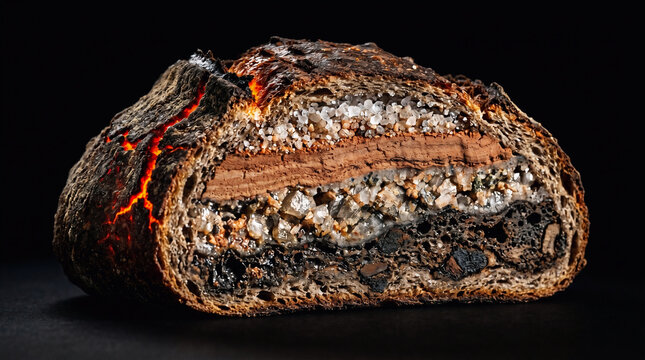 A delicious slice of burnt crusty bread with a golden brown interior on a black background