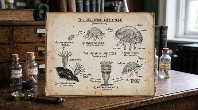 Vintage Jellyfish Life Cycle Diagram with Scientific Equipment