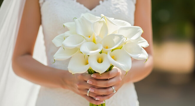 Bride holding bouquet of white calla lilies, beautiful wedding flowers in elegant arrangement. Bride showcases stunning bouquet of calla lilies, delicate and refined floral choice for weddings.