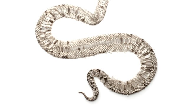 A shed snakeskin, translucent and detailed, arranged in an "S" shape on a pure white background.