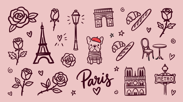 Charming Paris doodle illustration featuring iconic landmarks, French bulldog, roses, and bakery items, perfect for travel and lifestyle themes.