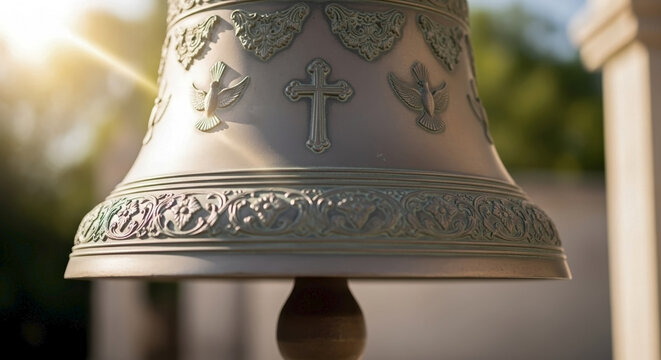 Church bell ringing for wedding ceremony captured in soft sunlight, ornate bell features cross and decorative elements creating joyful atmosphere during wedding.
