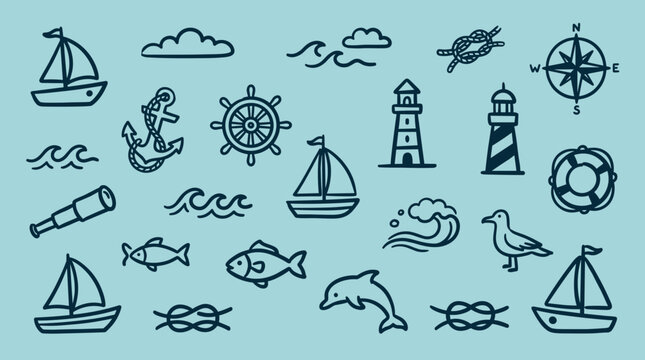 Nautical doodle icons set featuring sailboats anchors lighthouses and marine life perfect for summer travel and ocean themes