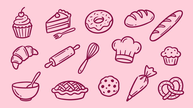 Hand drawn baking icons and symbols on a pink background, a collection of delicious pastry and dessert illustrations for culinary themes