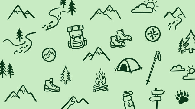 Whimsical hand drawn doodle pattern of hiking and camping elements on a light green background perfect for outdoor adventure themes