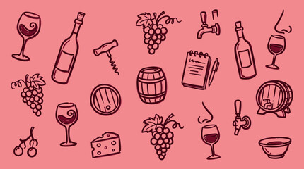 Naklejka premium Hand drawn doodle illustration of wine tasting elements including bottles glasses grapes cheese barrel and corkscrew on pink background