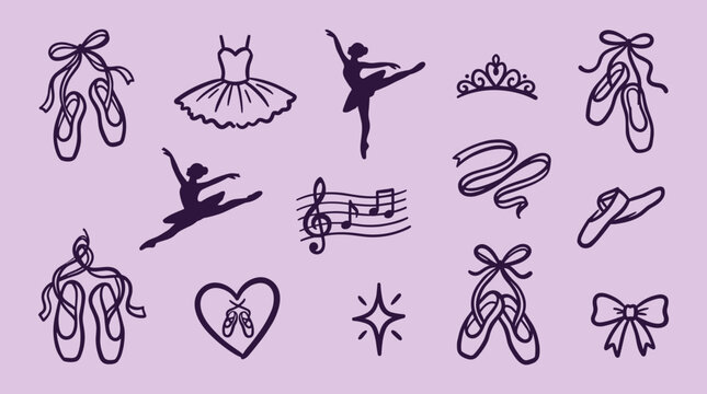Ballet elements collection with pointe shoes tutu tiara music notes ribbon bow and heart on lilac background