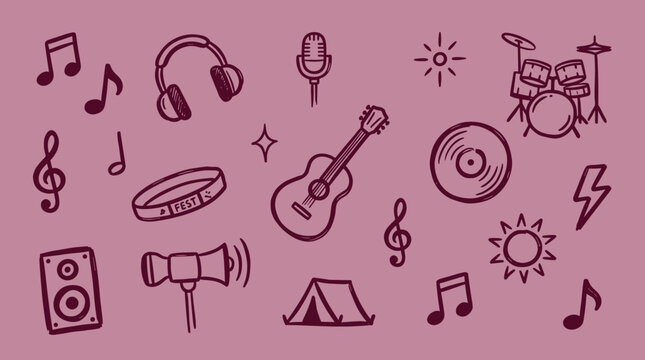 Doodle illustration of music festival icons including guitar headphones microphone drums and speaker on a pink background