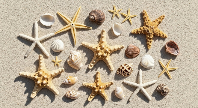 Starfish decorations for beach wedding with various starfish and seashells arranged on sandy surface, creating a coastal theme. Starfish embellishments enhance beach wedding atmosphere,