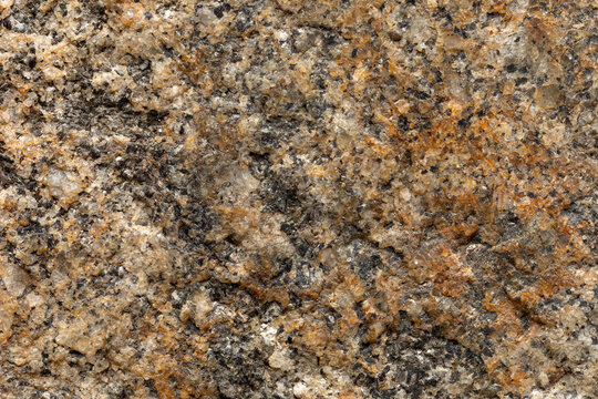 A close-up view of the coarse granite surface of an ancient stone quern.
