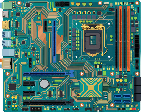 Detailed computer motherboard with various electronic components and circuit pathways