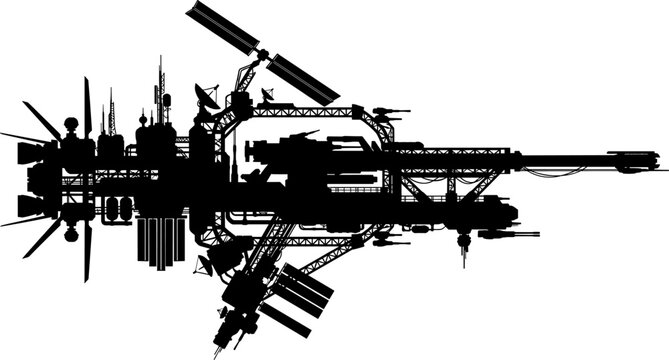 Detailed silhouette of a massive interstellar space station with modules
