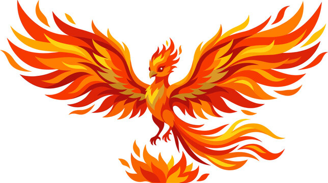 Flaming phoenix flying upwards with trailing fire and spread wings