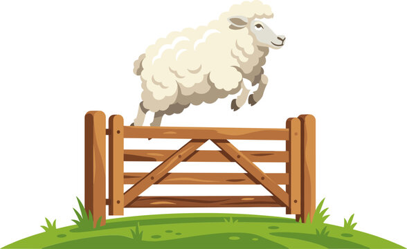 Fluffy white sheep jumping over a wooden farm gate